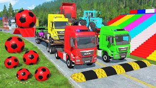 Double Flatbed Trailer Truck vs Speedbumps Train vs Cars  Tractor vs Train BeamngDrive 0171 [upl. by Jemmy]