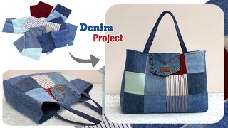 Sewing diy a denim tote bag multi pockets tutorial  tote bag patternsdiy denim patchwork tote bag [upl. by Dnomayd]