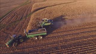 DONNIE MYERS FARMS SHELLING CORN WEST LIBERY IN DEC 1ST 2017 2 16 ROW CORN HEADS DRONE VIDEO [upl. by Cargian]