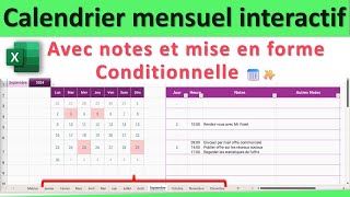 Excel Pros  Calendrier mensuel Interactif  Notes pour Planifier Rendezvous Réunions Projets👍 [upl. by Sadie]