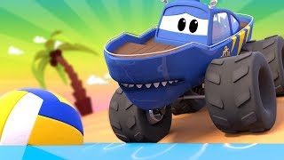 Monster Trucks for children  The Racing Car Monster Truck amp the SHARK Need to SWIM  Monster Town [upl. by Pincas]