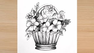 flower basket drawing step by step  how to draw basket of flowers step by step drawing [upl. by Strawn]