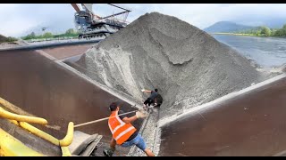 Barge unloading 5000 tons of crushed phosphorite ore Part 2 Vlog of work on barge  Relaxing video [upl. by Anauqcaj]