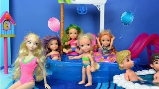 Anna and Elsa Toddlers Pool Party Movie Disco Swimming Water Slide Pizza Dance Ariel Toys amp Dolls [upl. by Driscoll]