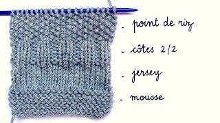 Tuto Tricot débutant  point mousse jersey côtes 22 et point de riz [upl. by Leinahtan328]