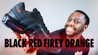 Nike Air Max 95 Black Red Firey Orange On Foot Sneaker Review QuickSchopes 618 Schopes FZ4626 002 [upl. by Grubman]