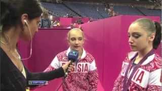 Aliya Mustafina and Viktoria Komova interview after AA medal ceremony [upl. by Pentheam964]