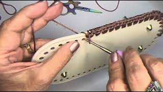 Attaching yarn to leather basebottom for Crochet purse tote [upl. by Nelhsa]