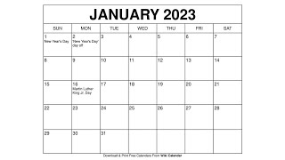 Free Printable January 2023 Calendar Templates With Holidays  Wiki Calendar [upl. by Mcclimans5]