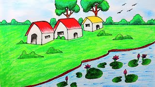 Beautiful village landscape painting  Indian village scenery painting  Prakritik drishya drawing [upl. by Anaehr]