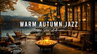 Autumn Porch Ambience 🍂 Rainy Day with Warm Jazz Music and Crackling Fireplace for Relaxing Work [upl. by Hyland]