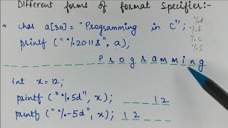 62 Additional elements of format specifier  9s 5d e 62f  C Programming  Hindi [upl. by Eicak453]