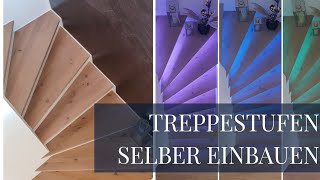 Treppenstufen selber einbauen Treppenbeleuchtung LED Holzstufen auf Betontreppe Die Siwuchins [upl. by Adnaloj]