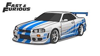 How to draw a NISSAN SKYLINE GTR R34 from Fast and Furious 2  drawing Paul Walkers nissan car [upl. by Nylynnej]