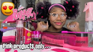 Doing my Natural hair with Only PINK products BRAT DOLL STYLE [upl. by Gentille]