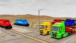 Double Flatbed Trailer Truck vs Speedbumps Train vs Cars Tractor vs Train BeamngDrive [upl. by Sibel]