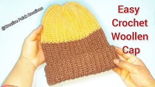 Crochet woollen cap for men and women  Crochet beanie with two colours  Creative Palak Creations [upl. by Ivy]