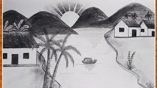 Prakritik Drishya  Village Scenery Drawing  How To Draw Prakritik Drishya easyLandscape drawing [upl. by Kinson]