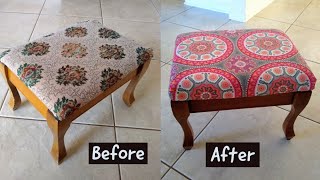 How to reupholster a simple footstool  Foot Stool Makeover [upl. by Aidua768]