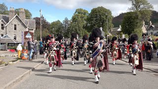 Massed Pipes and Drums march to the 2019 Braemar Gathering in Royal Deeside Aberdeenshire Scotland [upl. by Annabel157]