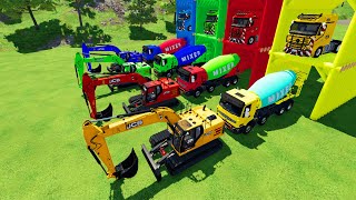 TRANSPORTING COLORED JCB EXCAVATORMIXER CEMENT TRUCK TO GARAGE WITH MERCEDES CATERPILLAR TRUCK [upl. by Krever]