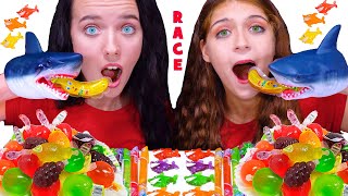 ASMR CANDY RACE WITH TOY SHARK JELLY STRAWS GUMMY CANDY TIK TOK JELLY FRUIT [upl. by Crudden]