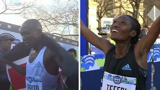 NYC Half Marathon pro runners cross the finish line [upl. by Satterlee350]