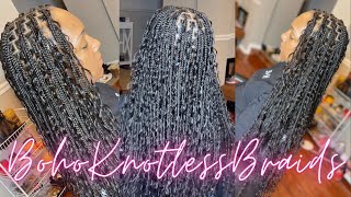 How To Boho Knotless Box Braids With Human Hair Curls  Hair Detals  How Many Pieces Added [upl. by Letsirk197]