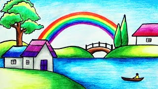 How to Draw Rainbow Scenery with Color Pencils for Beginners  Easy Rainbow Scenery Drawing [upl. by Booma]