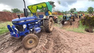 FARMTRAC 45 Tractor Stuck in Mud With Trolley Loading Badly pulling by HMT Tractor [upl. by Cima827]