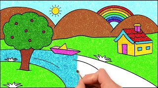 How to Draw Simple Scenery Landscape Picture  Glitter Painting for Kids  HooplaKidz How To [upl. by Ariait]