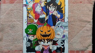 I Draw Dragonball character in Halloween costume🎃👘 with colour pencilDoms brush pen🔥🔥 [upl. by Tegan371]