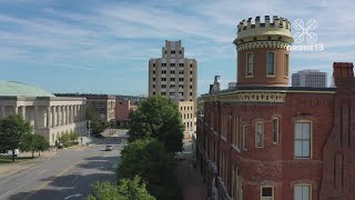 Aerial drone view of downtown Macon Georgia [upl. by Norine]