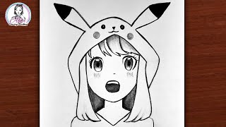 How to Draw Anime Girl  Anime drawing tutorial  Anime Girl with Pikachu Hoodie  Anime characters [upl. by Ratcliffe]