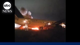 4 seriously injured after Boeing 737 skids off runway and catches fire [upl. by Nyrad]