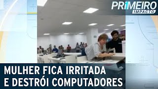 Mulher quebra computadores em aeroporto após não conseguir reembolso  Primeiro Impacto 060723 [upl. by Eceryt372]