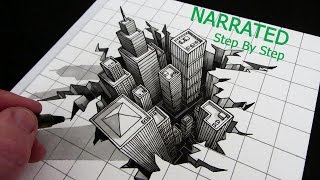 How to Draw a 3D City Optical Illusion Narrated Step by Step [upl. by Lamp]