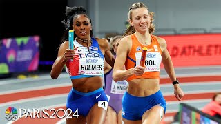 Femke Bol vs Alexis Holmes anchor leg duel decides tight 4x400 final at Indoor Worlds  NBC Sports [upl. by Gregorius879]