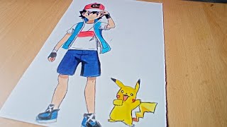 ASH amp PIKACHU DRAWING  how to colour watercolour on ASH KETCHUM drawing  easy to draw [upl. by Llednohs]