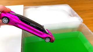 Diecast Cars Sliding Into the Green Water and Foam [upl. by Grados]