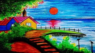 How to draw easy scenery with oil pastels Landscape village drawing prakritik drishya drawing easy [upl. by Brigitte]