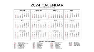 Free Year 2024 Calendar Printable with Holidays  Wiki Calendar [upl. by Russi98]