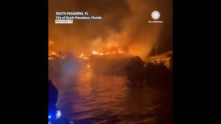 WATCH Fire Ravages Florida Town Underwater During Helene Flooding [upl. by Wina974]