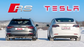 Audi RS4 Quattro VS Tesla Model 3 Performance AWD  Whats BEST on snow ❄️ [upl. by Tiduj369]