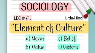 LEC 6  Elements of culture Norm Value beliefs SanctionsCustoms in HindiUrduCSS pms upsc [upl. by Avah]