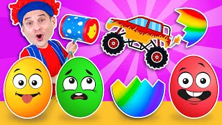 Rainbow Surprise Eggs 🥚❓ Mysterious Monster Trucks 🚔 Mimie SingAlong [upl. by Lashond809]