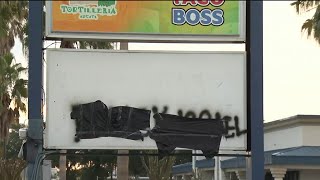 Marquee billboard defaced with antisemitic graffiti [upl. by Elli]