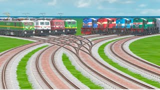 4 DIESEL ENGINE amp FOUR ELECTRIC TRAINS CROSSING AT CURVED BRANCHED RAILROAD TRACKStrain simulator [upl. by Fatimah228]