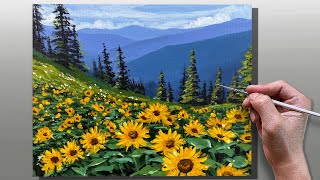 How to Paint Sunflower Meadow Landscape  StepbyStep Acrylic Painting  Correa Art [upl. by Atilol778]