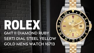 Rolex GMT Master II Diamond Ruby Serti Dial Steel Yellow Gold Watch 16713 Review  SwissWatchExpo [upl. by Icyaj24]